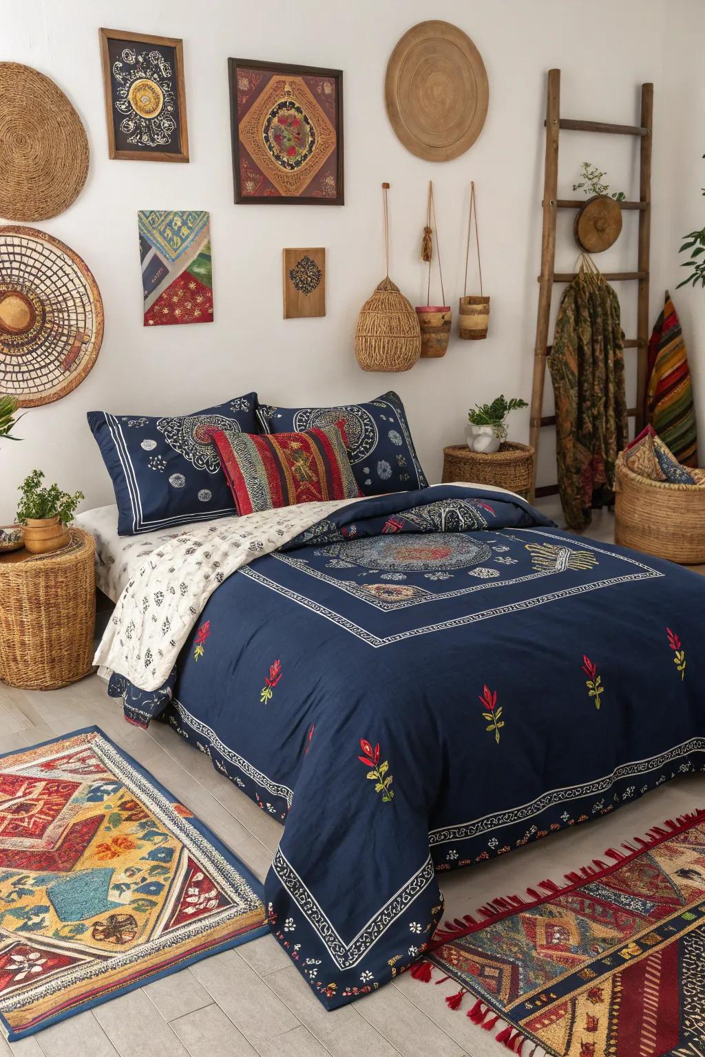 Add a global dimension with navy bedding and cultural textiles.