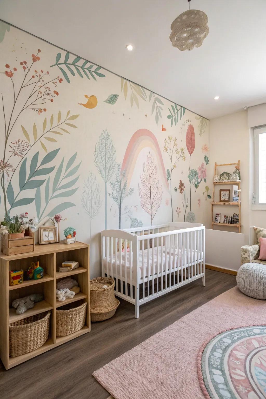 A captivating nursery displaying a creative wall drawing feature.