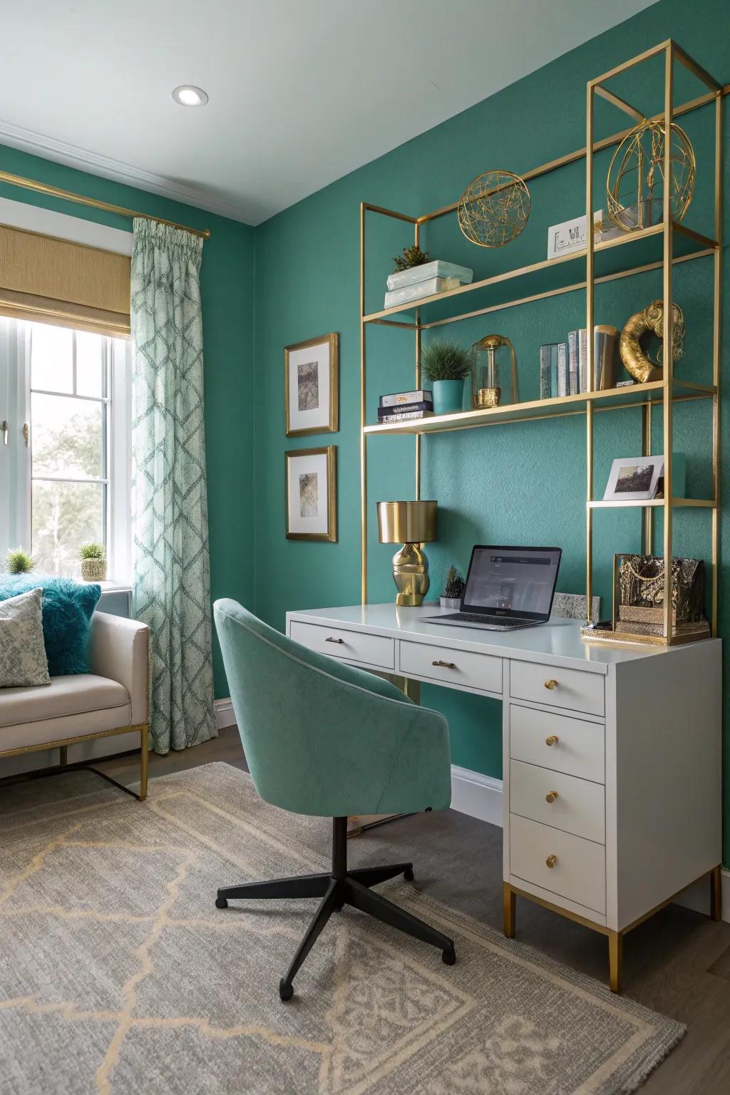 Teal walls bring elegance and style to your workspace.