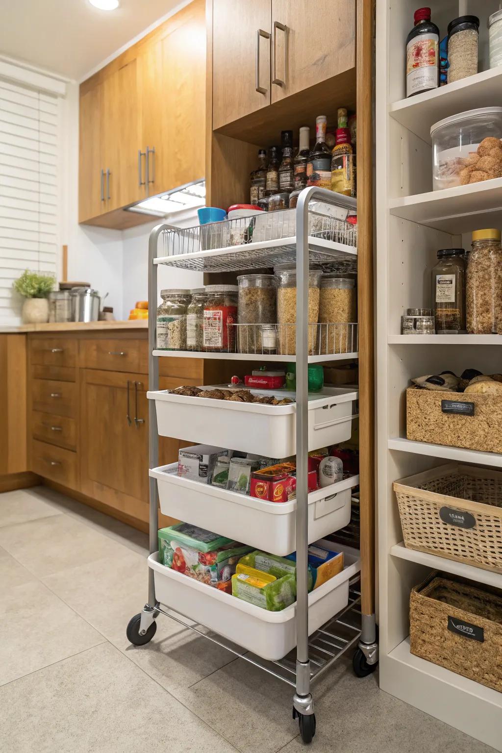A mobile trolley enhances maneuverability and convenience within a pantry.