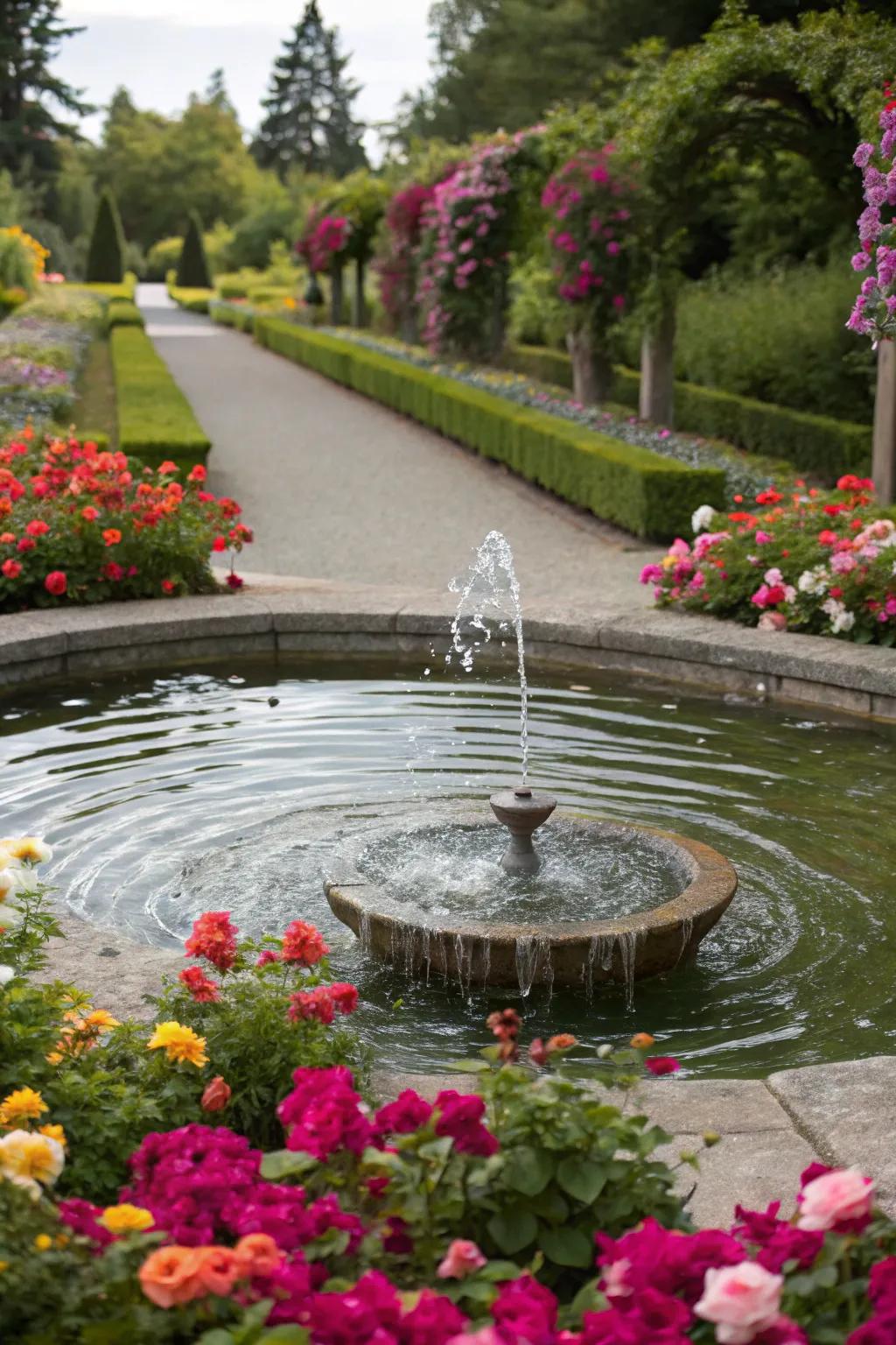 A water feature framed by flowers, adding to the tranquility of the garden.