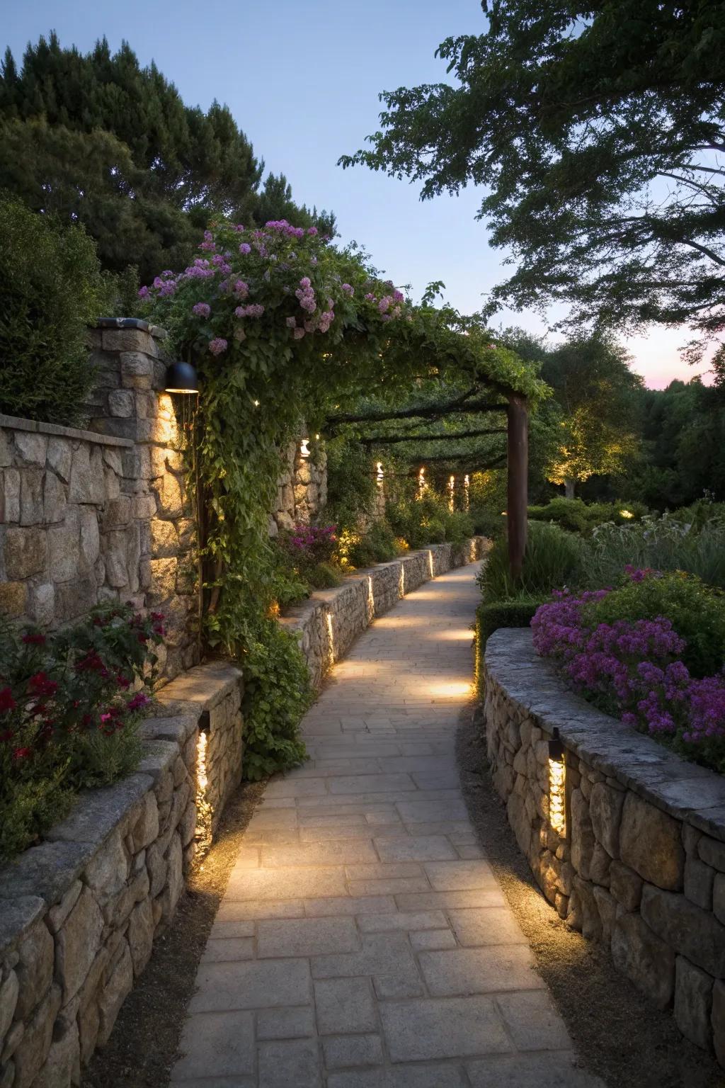 Lit pathways enhance evening garden experiences.