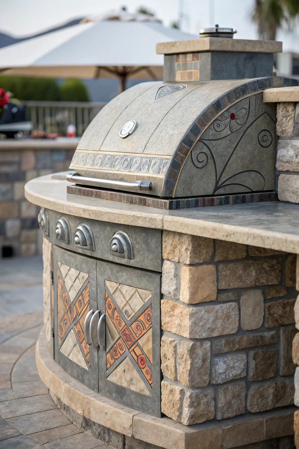 An artistic stone BBQ design enhances a creative flair to your backyard.