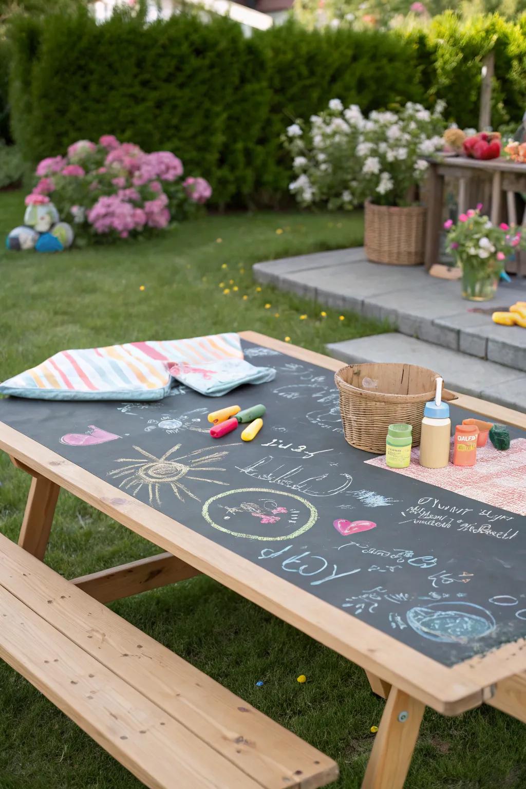 Chalkboard table tops add a playful and interactive element to any garden.