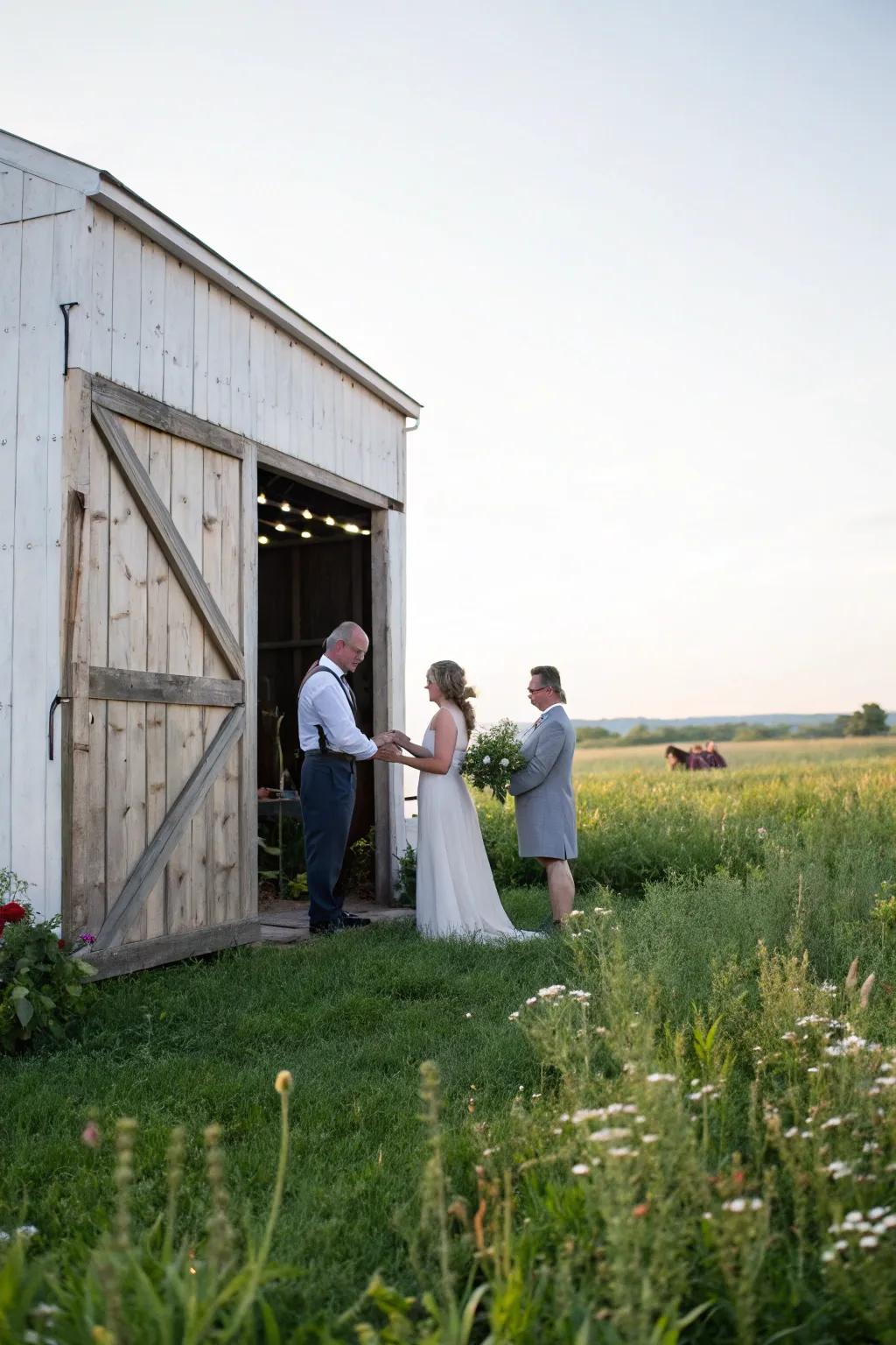 A barn portal provides a rustic vista for the ceremony.