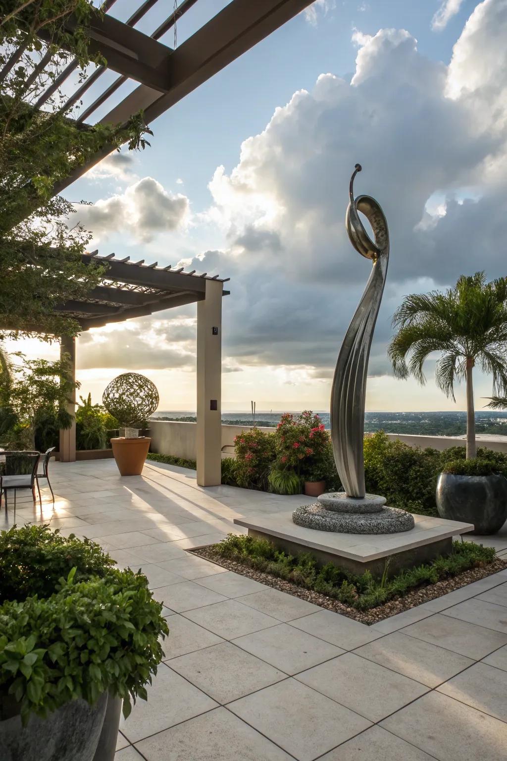 A sculpture imparts artistic flair onto your patio.