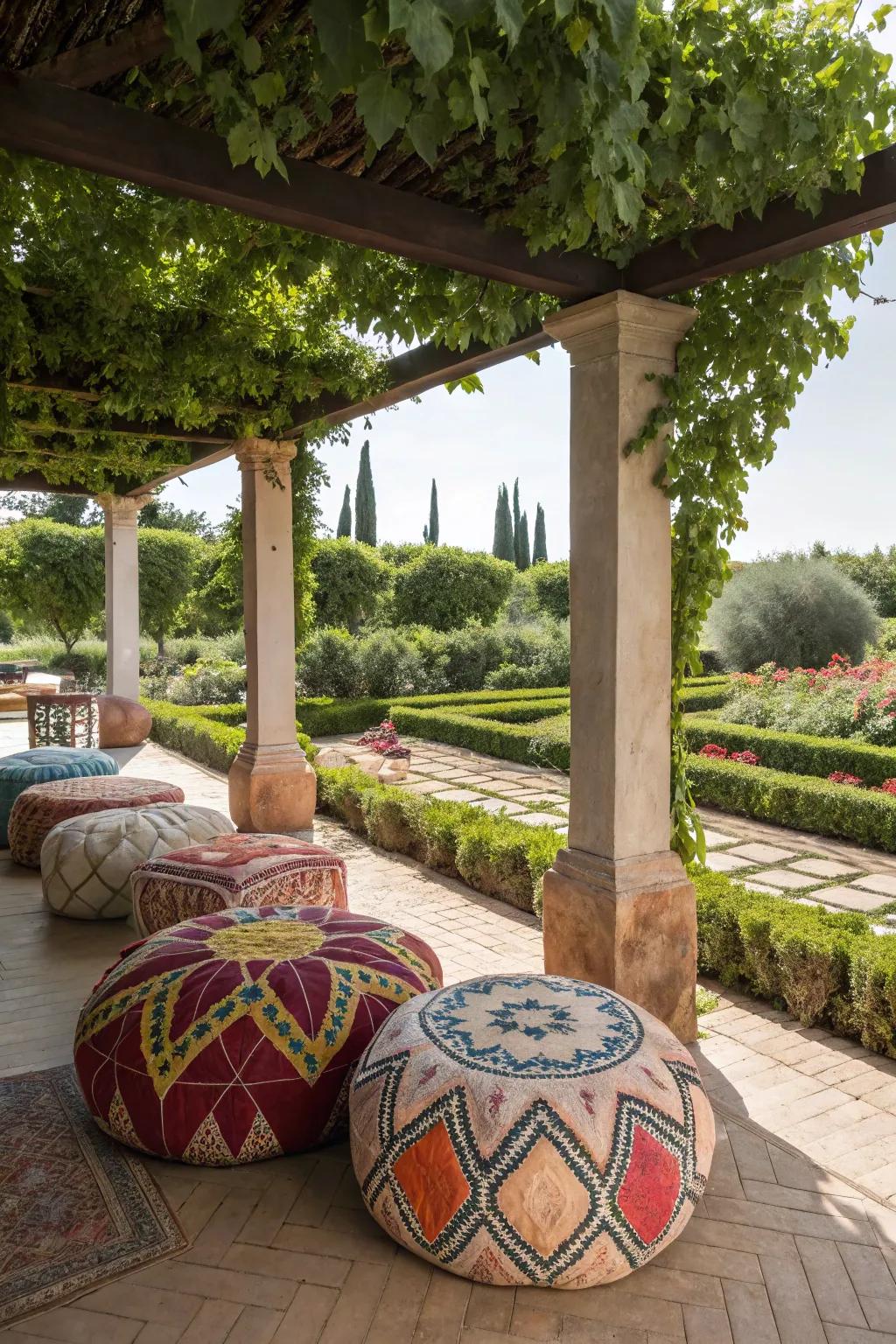Moroccan ottomans contribute seating and an exotic vibrancy across your open-air expanse.