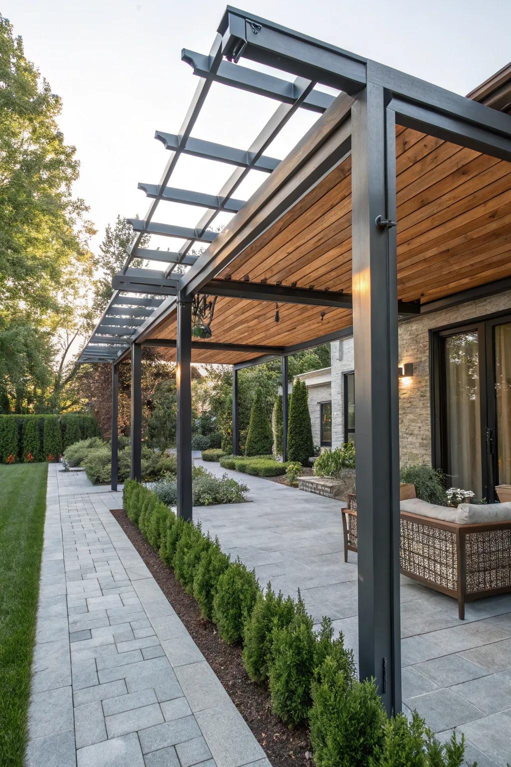 A mixed-material pergola integrates rustic charm with modern style.