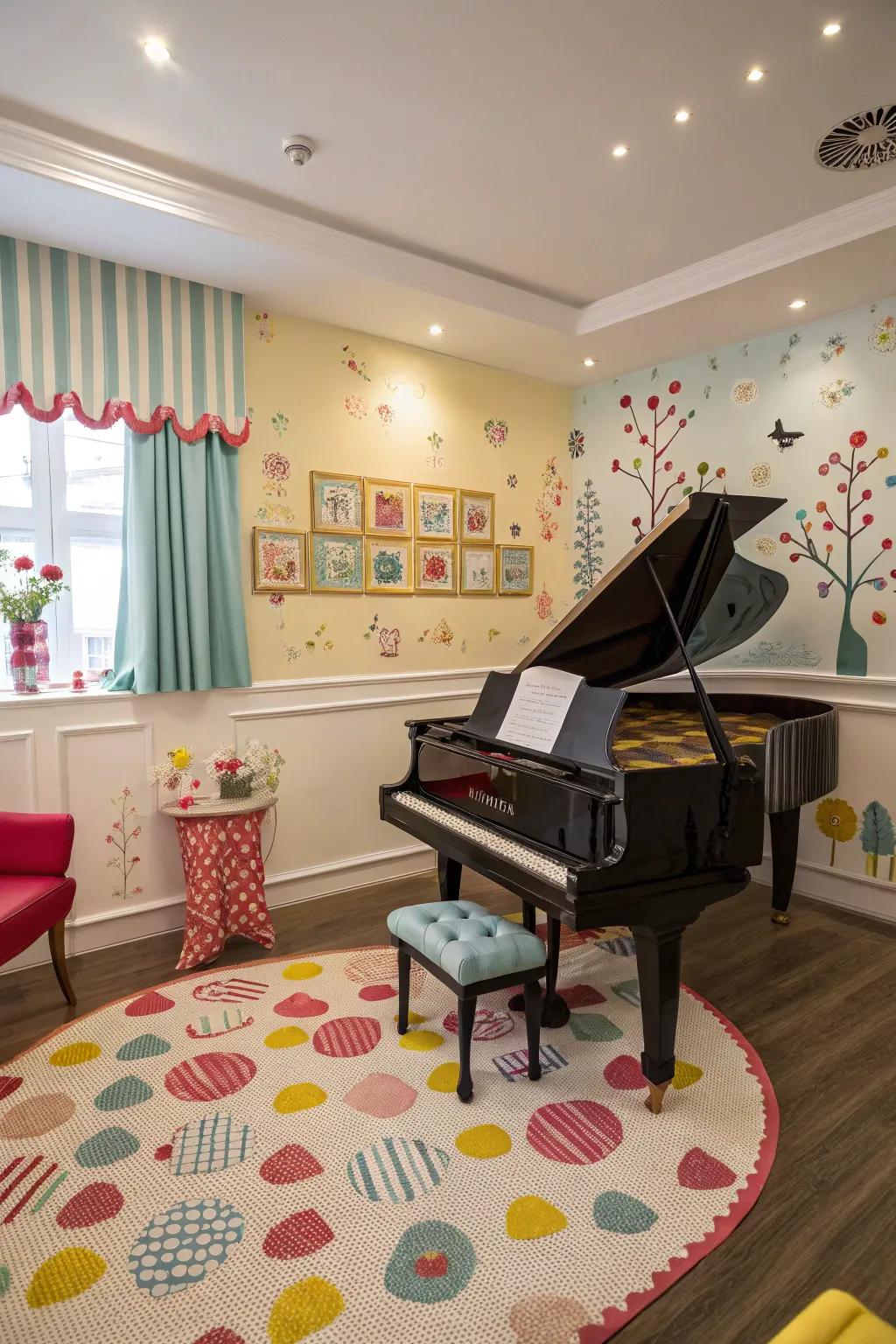 Whimsical elements introduce character and joy to the piano space.