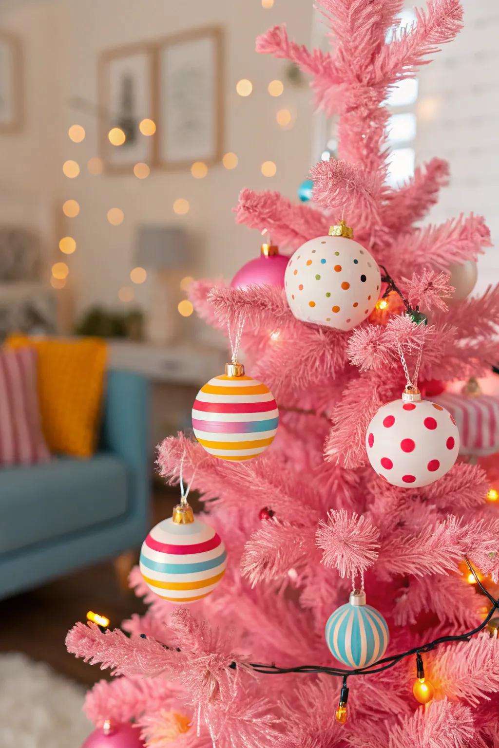 Playful designs bring a spirited soul to this rosy Christmas tree.