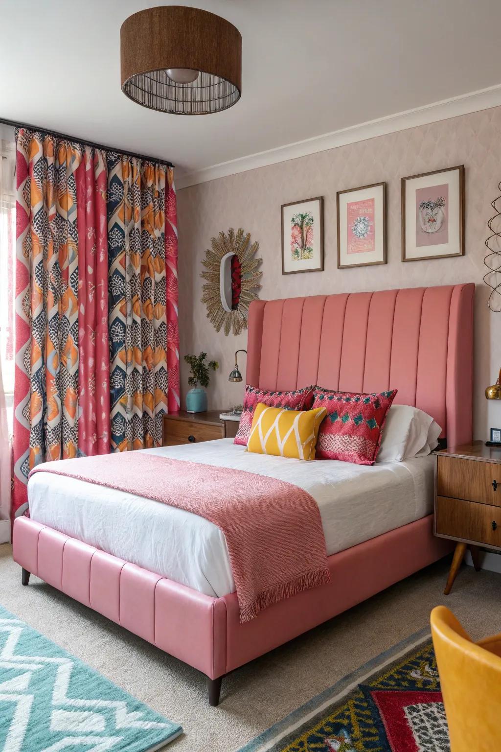 A throwback-style bedroom with a rosy skin headboard.
