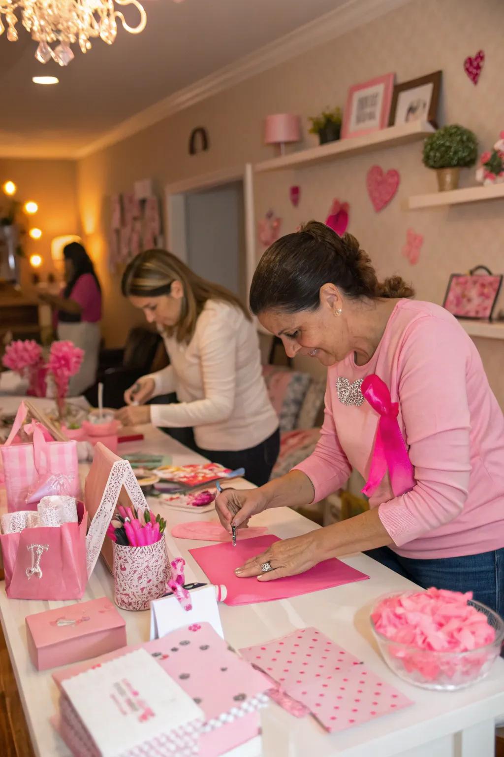 A DIY craft station allows guests to create rose-themed keepsakes.