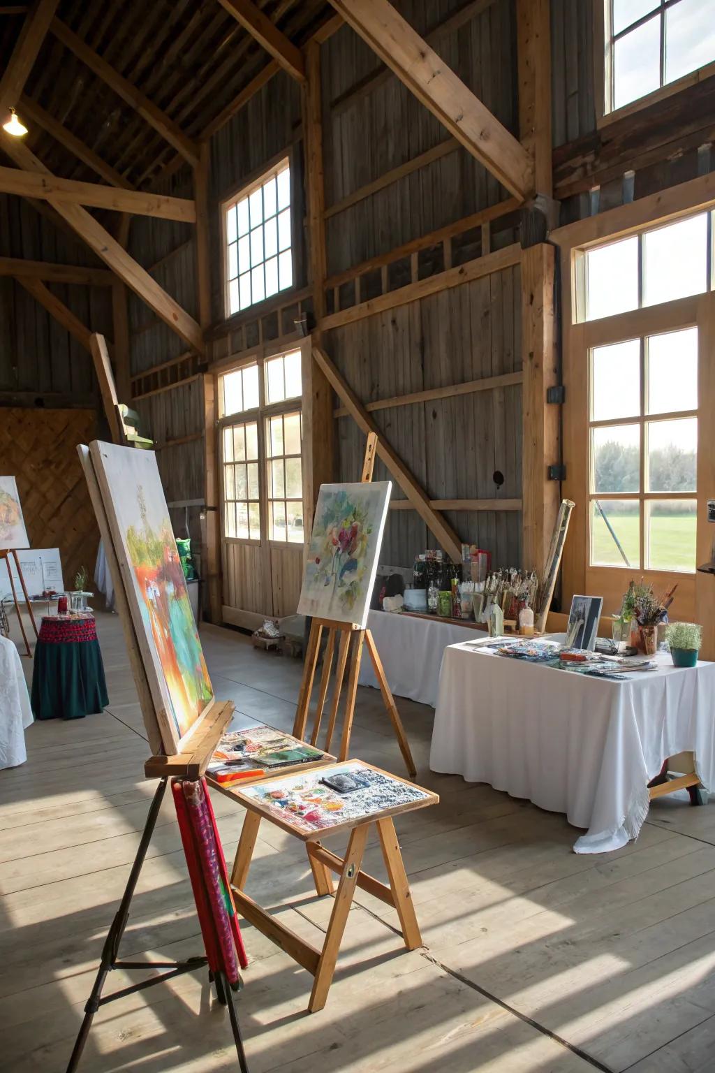 A creator's den inside a pole barn, featuring easels and art supplies.