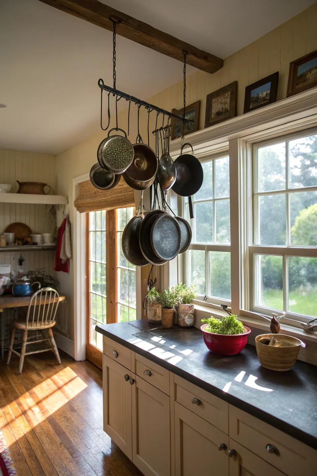 Hanging rails in front of windows offer storage solutions that are creative.