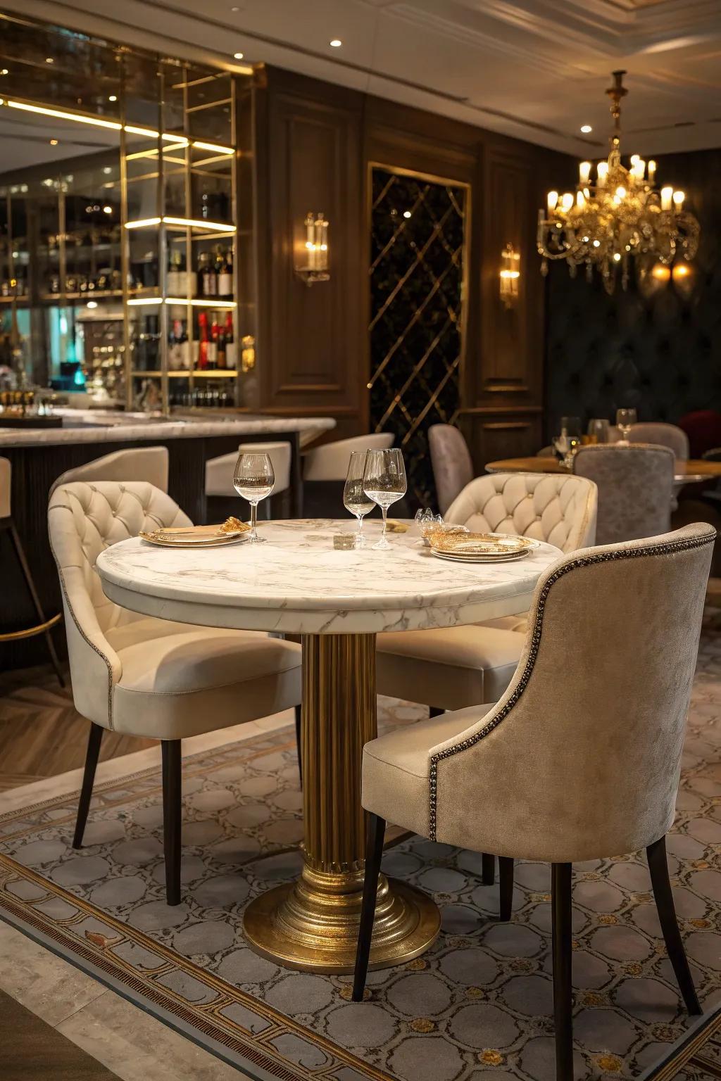 Experience elegance with timeless marble standing-height tables.