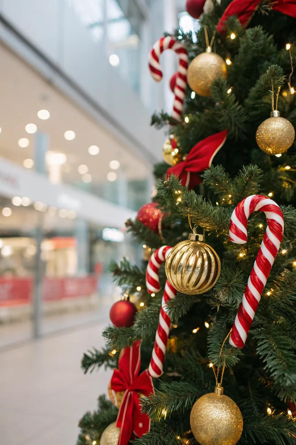 Saccharine canes and gilded details introducing a traditional rendition to the tree.