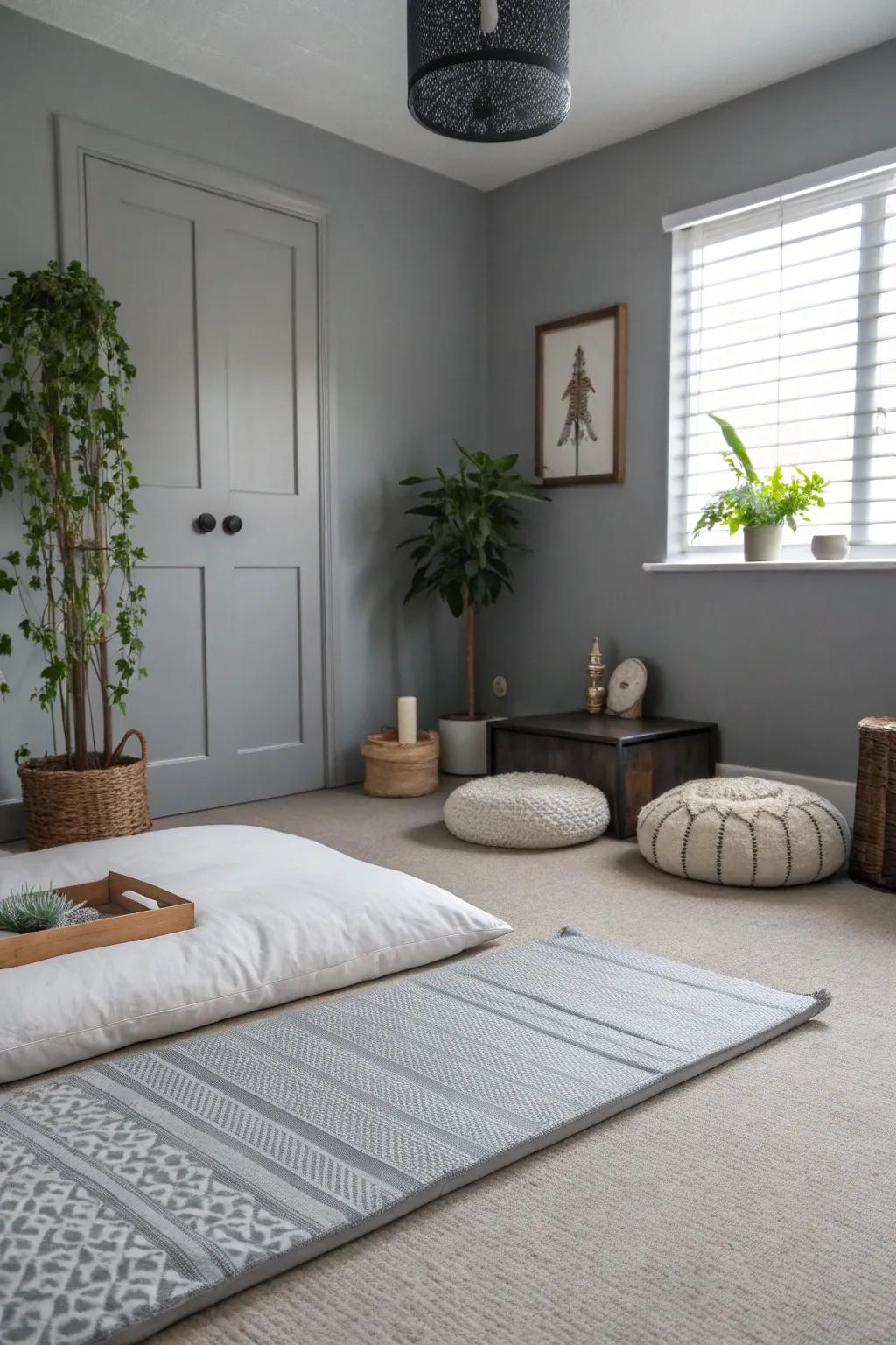 A Zen space in repose gray fosters relaxation and mindfulness.