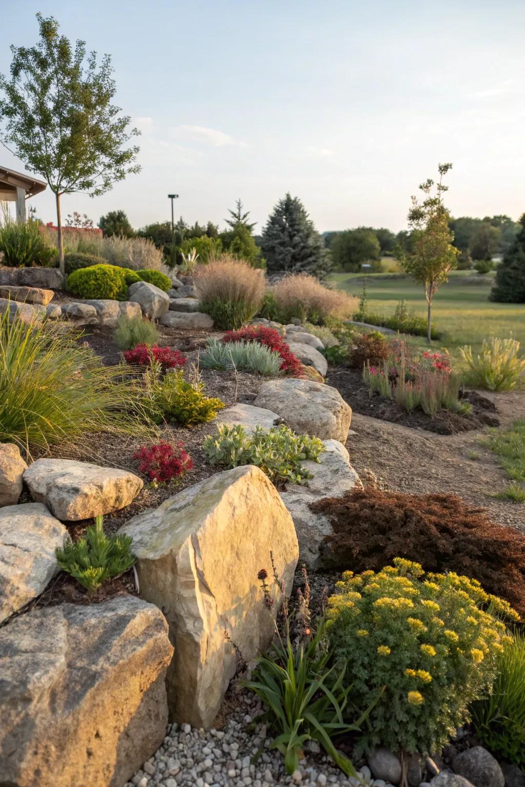 Sustainable rock landscaping minimizes water use and maintenance in the garden.