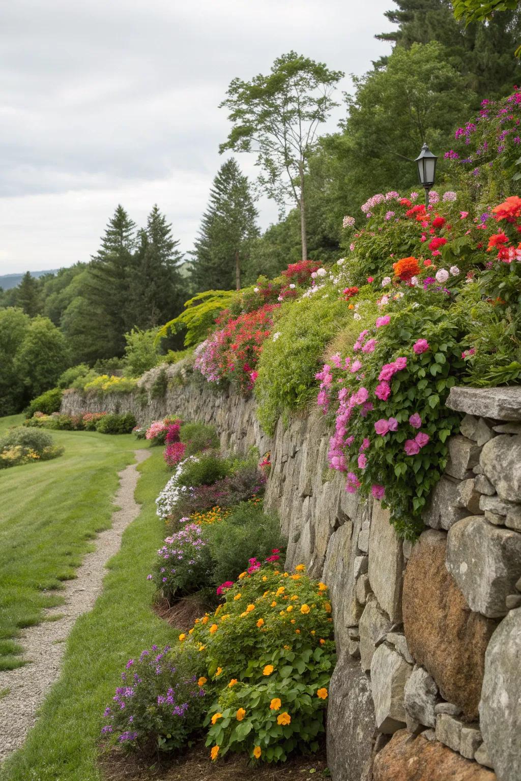 Vibrant flowers inject dynamic highlights to stone structures.