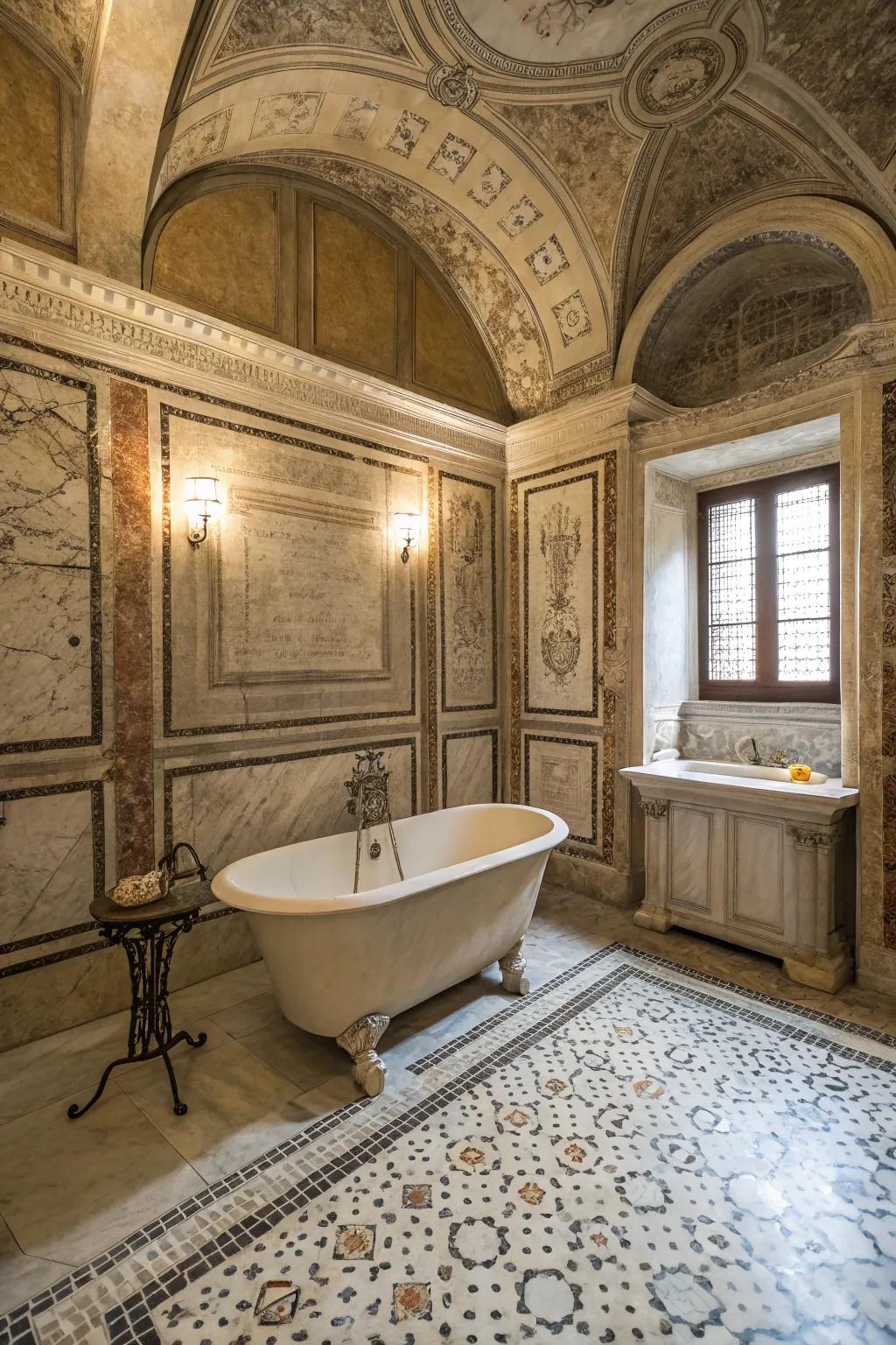 Textured partitions infuse magnitude and a trace of history within this washroom.
