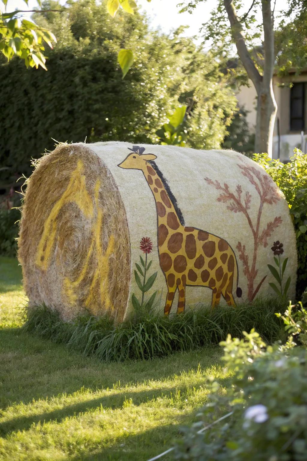 Transfer the savanna to your backyard through a giraffe-inspired hay bale creation.