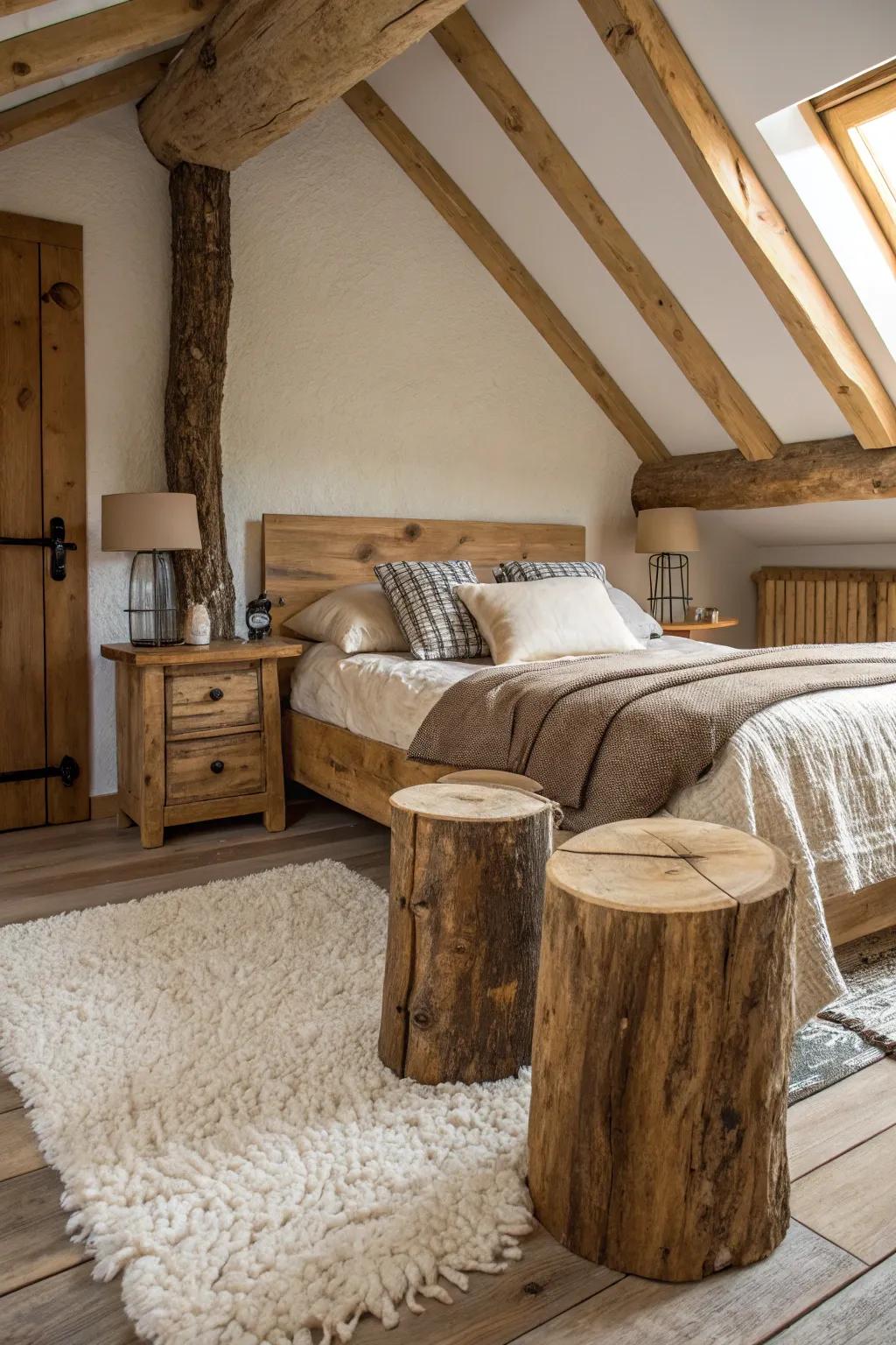 Wood log tables add uniqueness and nature's touch.