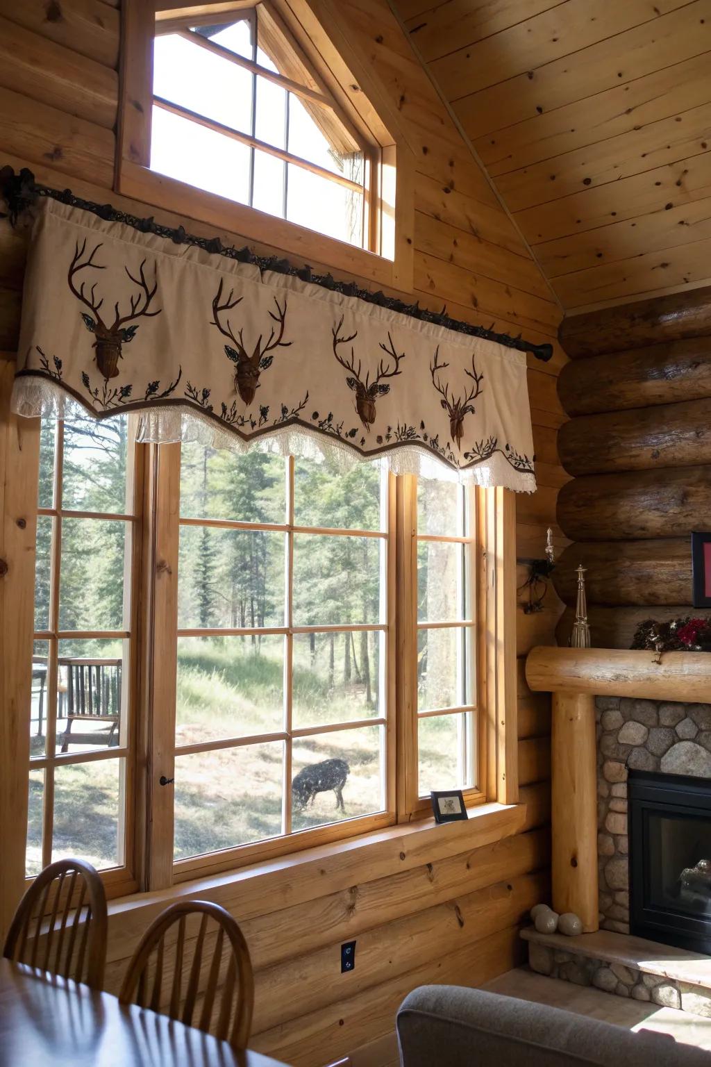 A country cabin featuring a valance detailing horn elements, adding an outdoorsy appeal.