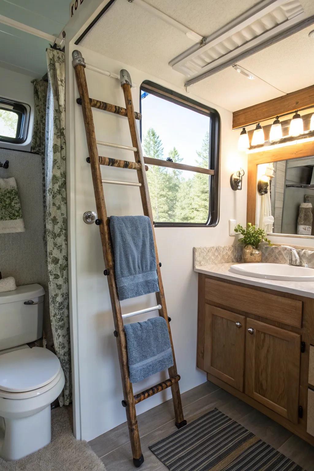 With an ornamental ladder for towels, you can add rustic charm.