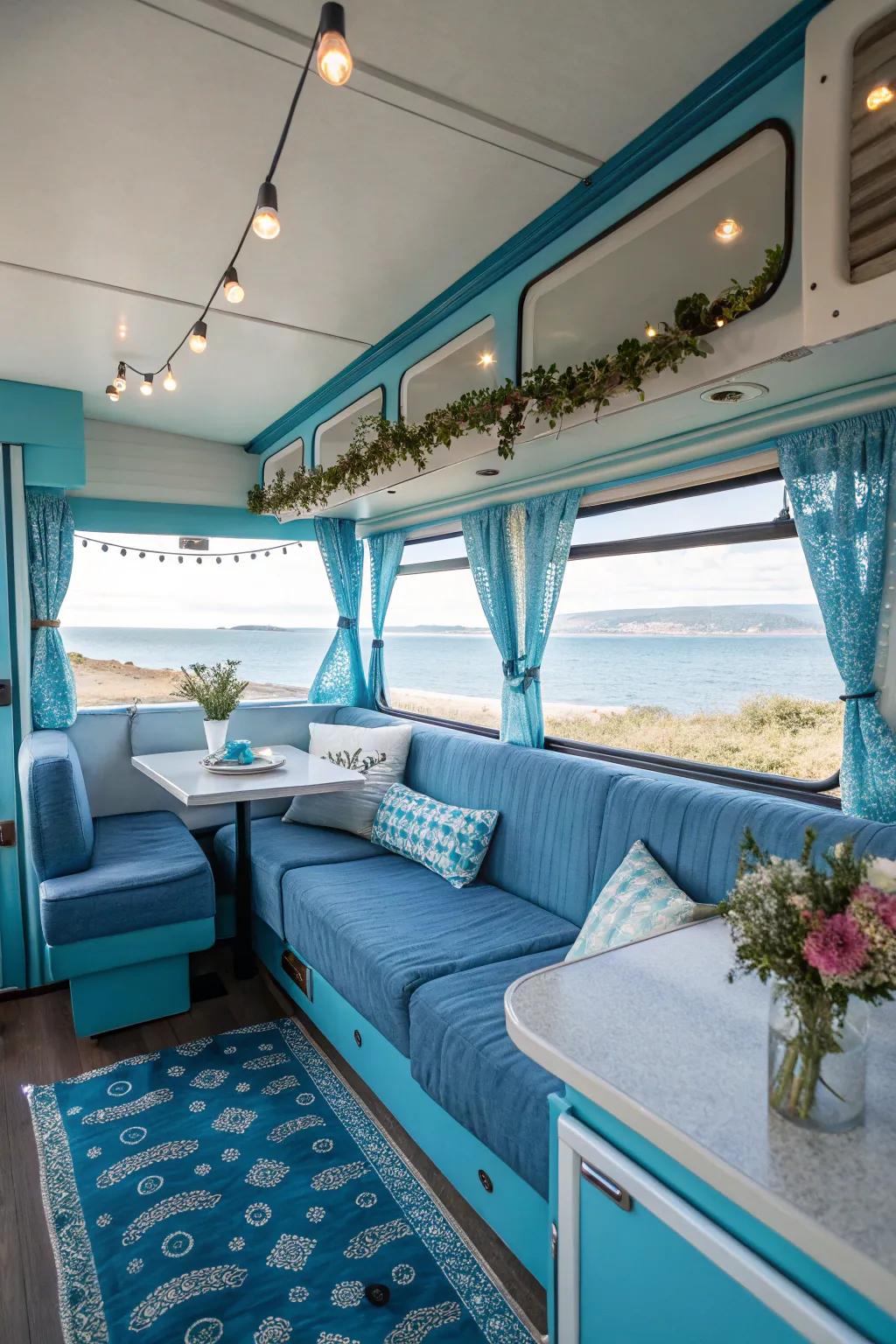 Tranquil cerulean hues contribute to the metamorphosis of this recreational vehicle into a placid sanctuary.