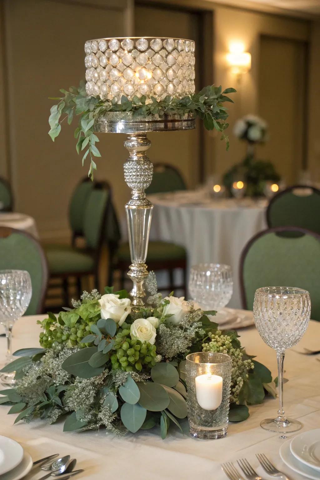 Glass and sage green create a luxurious and sparkling centerpiece.
