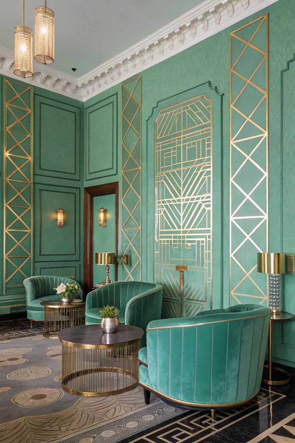 An Art Deco inspired room with elegant seafoam green walls.