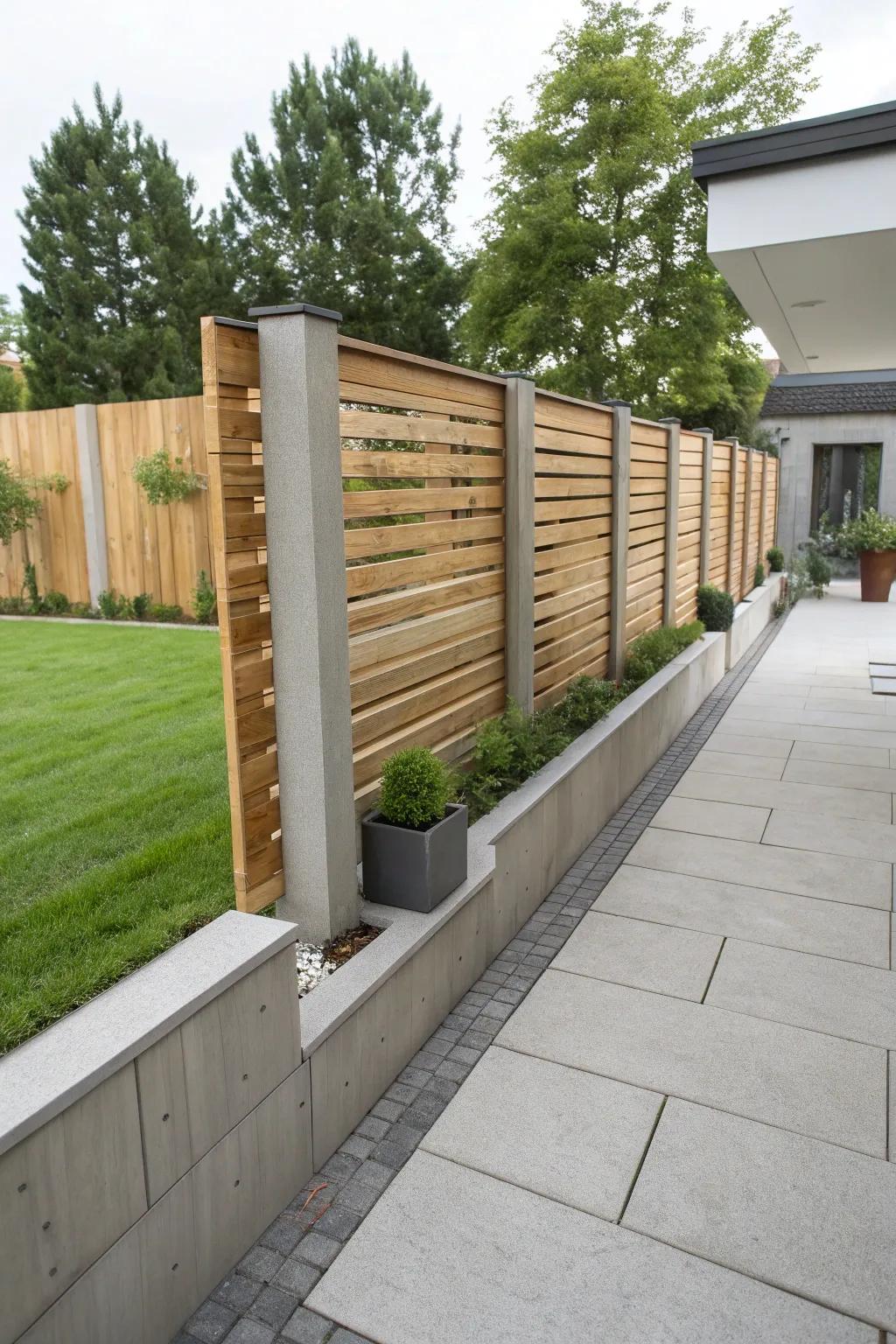 Solid material and timber slabs unite for a polished, resilient fence within this urban garden setting.
