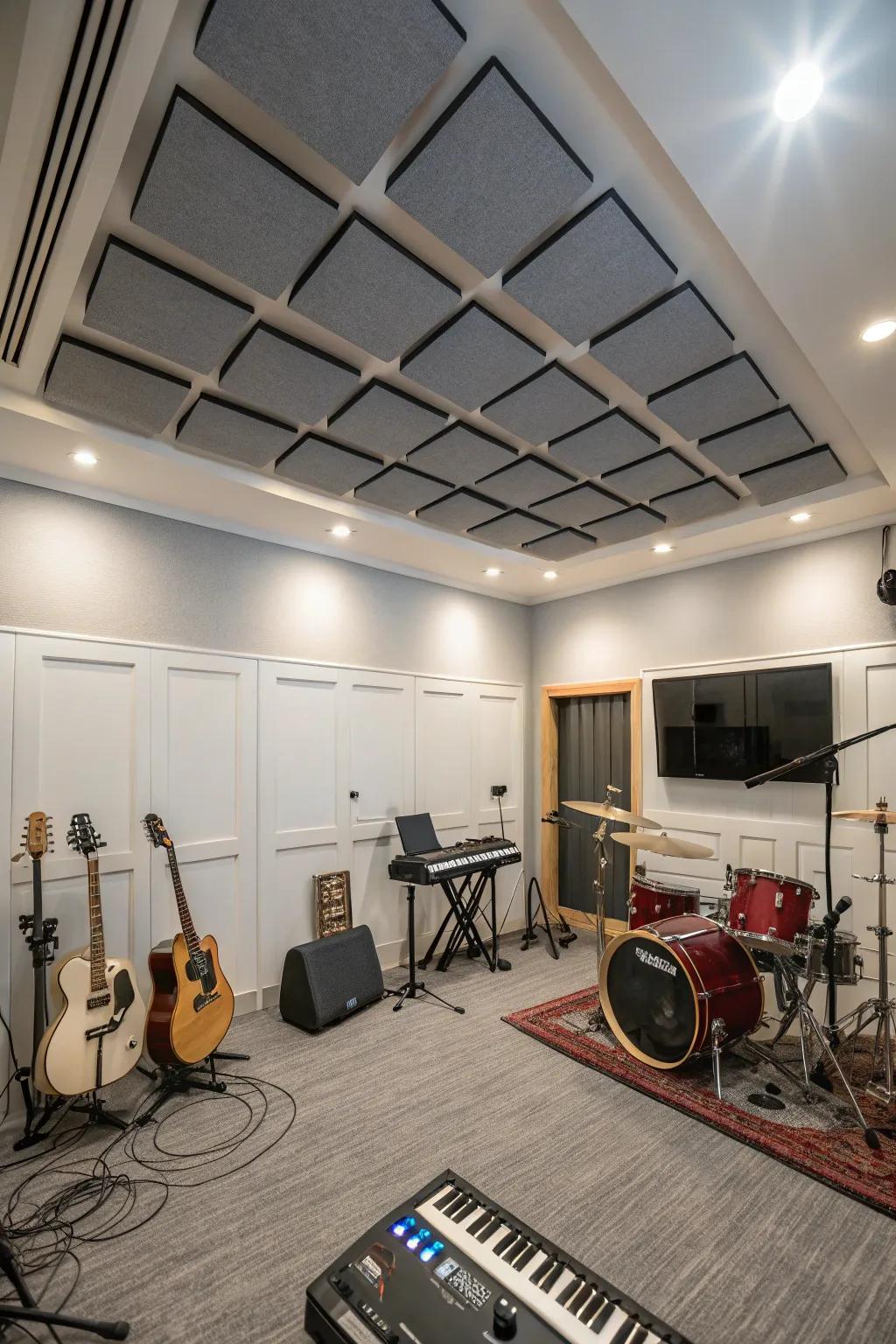 Utilitarian acoustic panels in a stylish music chamber.