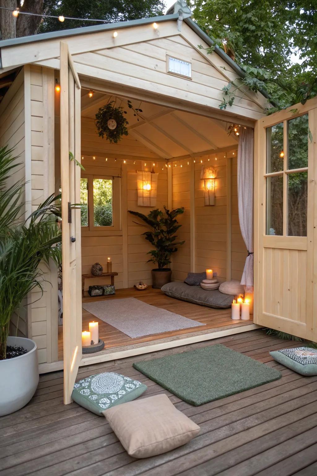 A yard outbuilding transformed into a serene meditation space.