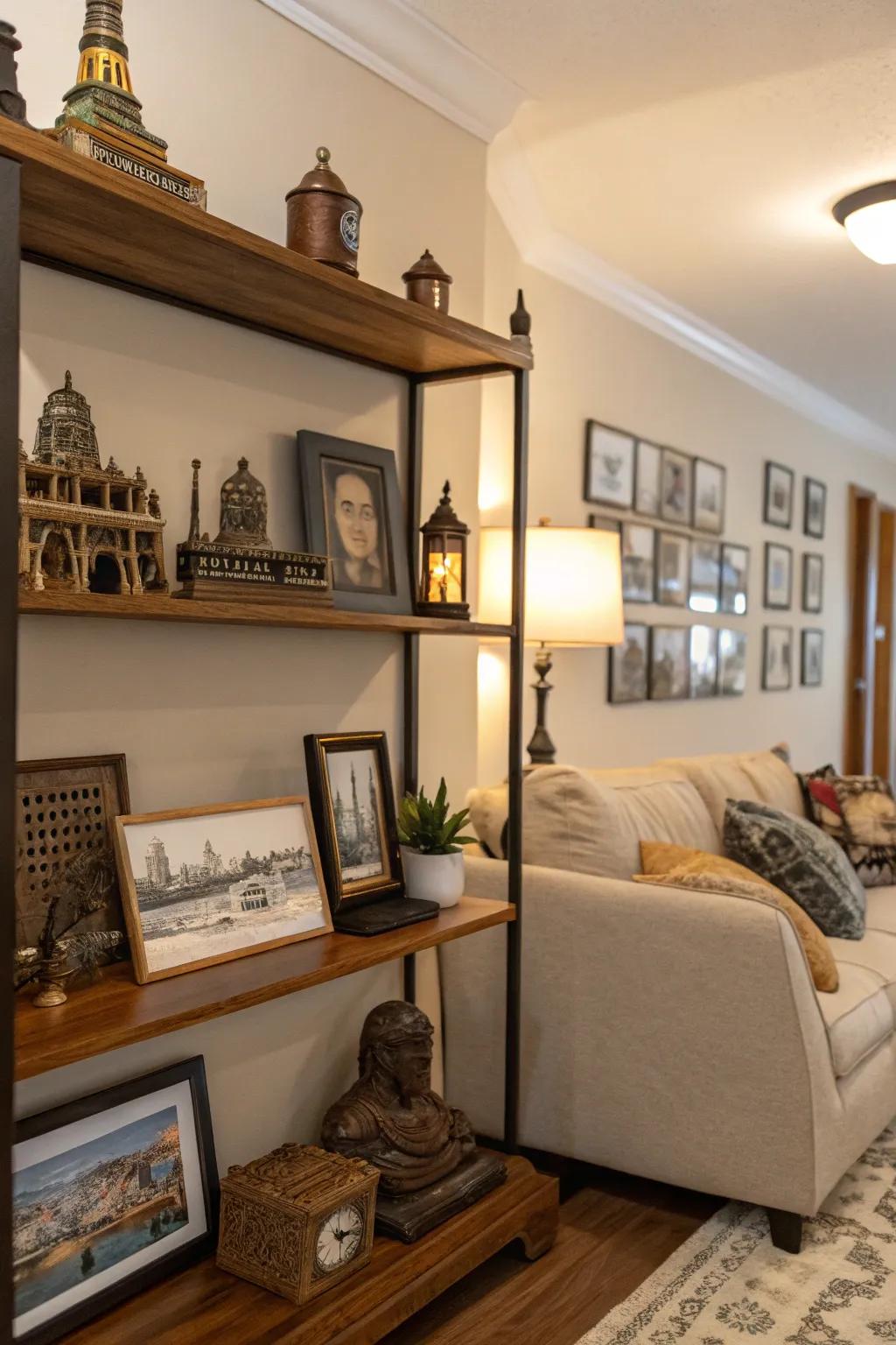 Personal mementos append a tale to your shelf displays.