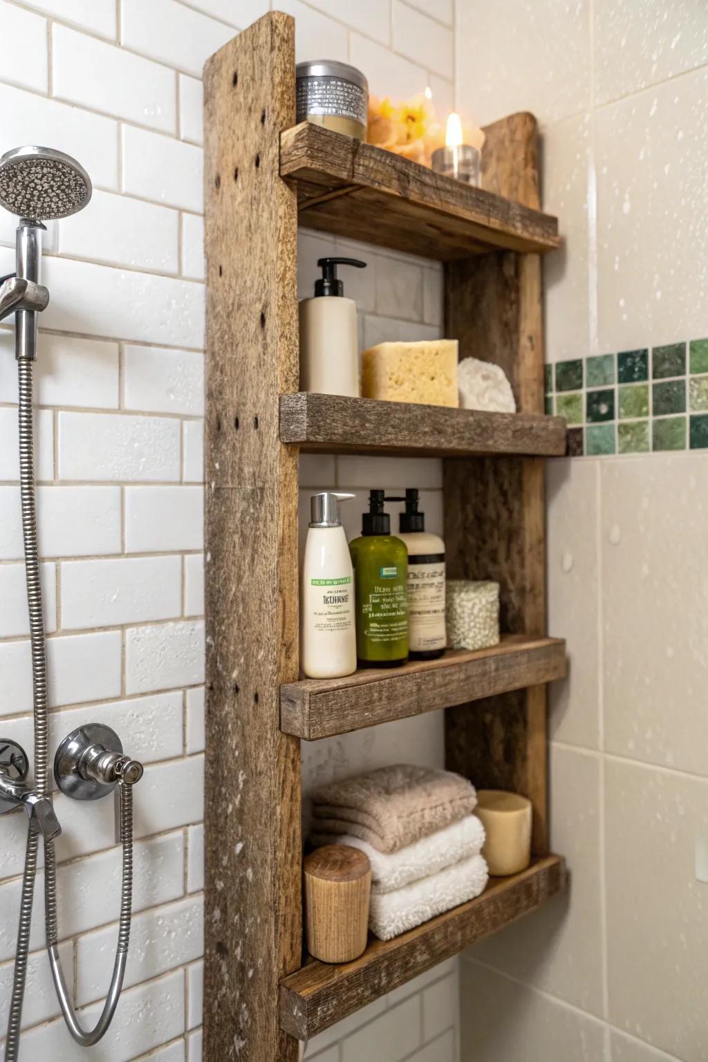 Reclaimed lumber infuses a sustainable and distinctive touch to shower storage.