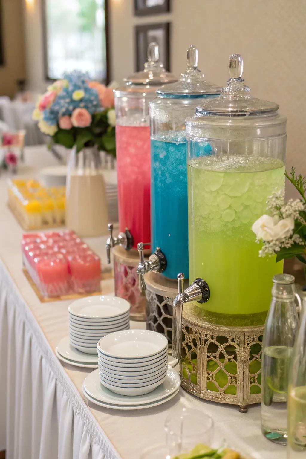 Refreshing drink dispensers incorporating color and hydration to the celebration.