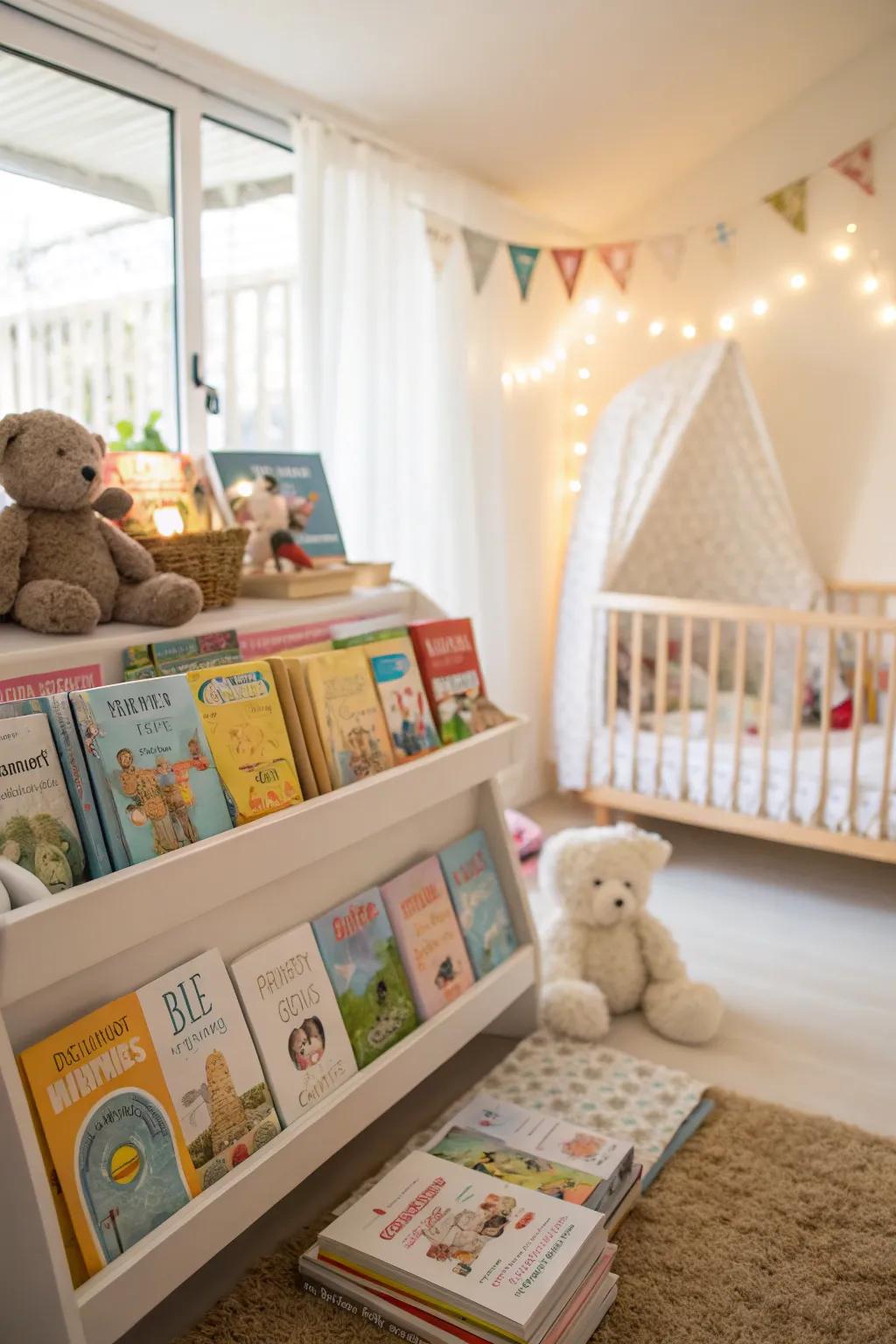 Books function as decorative pieces and educational assets in the nursery's ambiance.