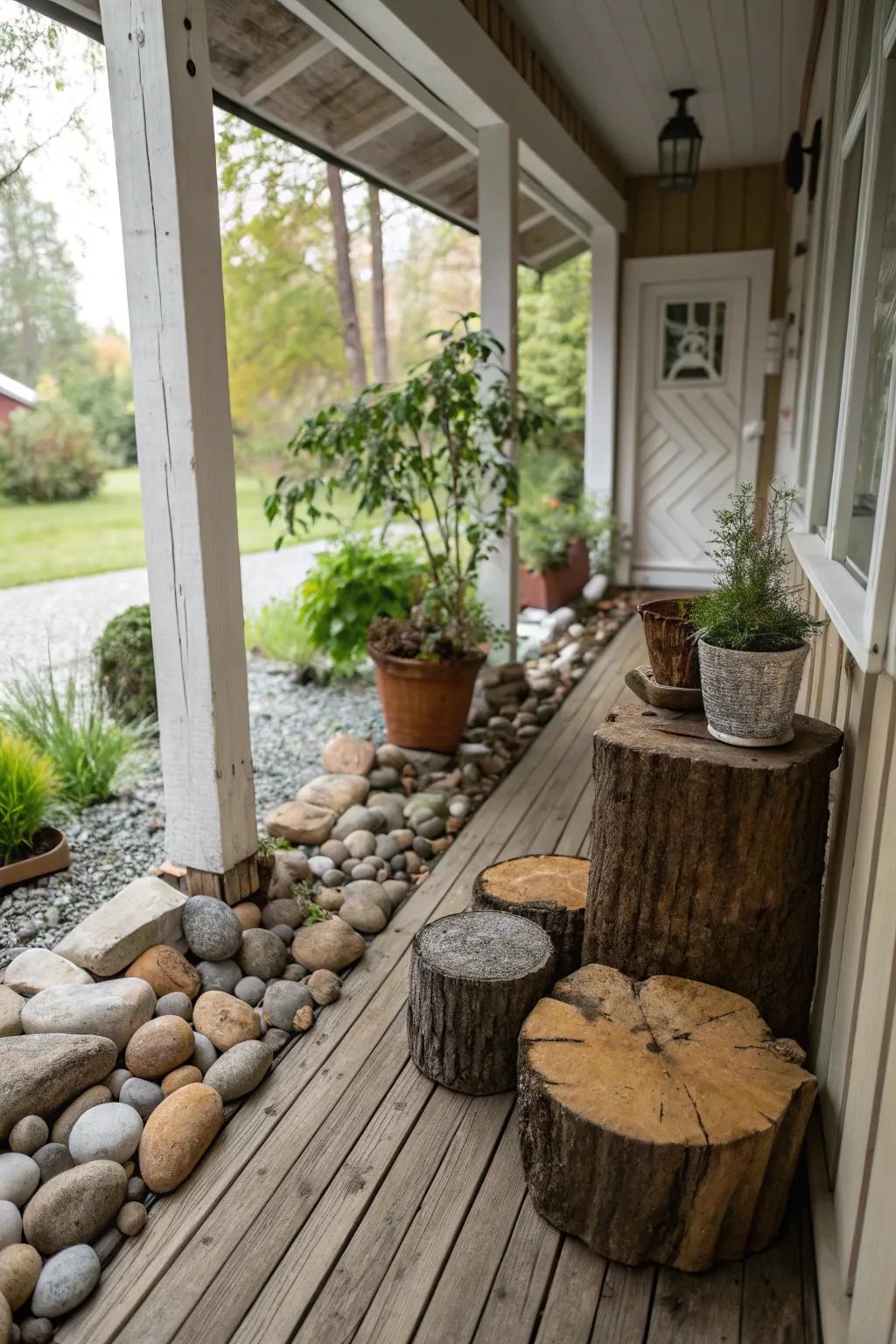 Natural components like stones and wood append rustic charm to a modest porch.