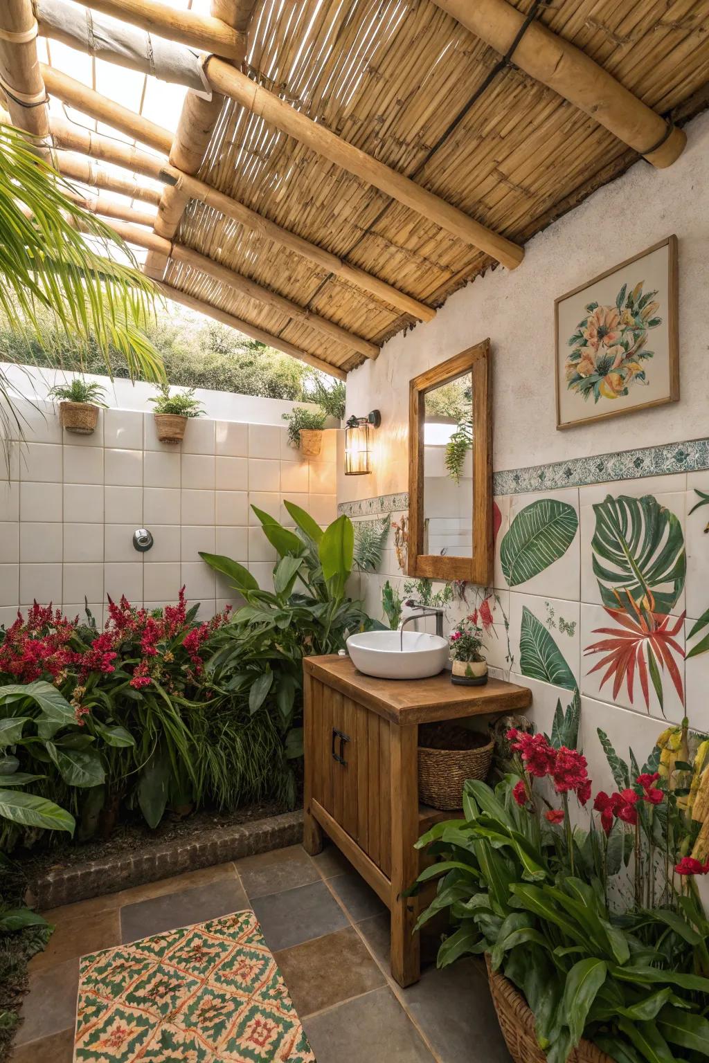 A bamboo roof brings tropical vibes to this small bathroom.