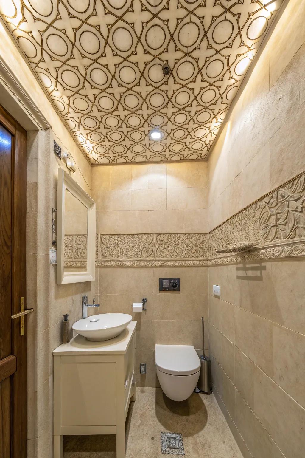 A small bathroom showcasing a creatively designed ceiling.