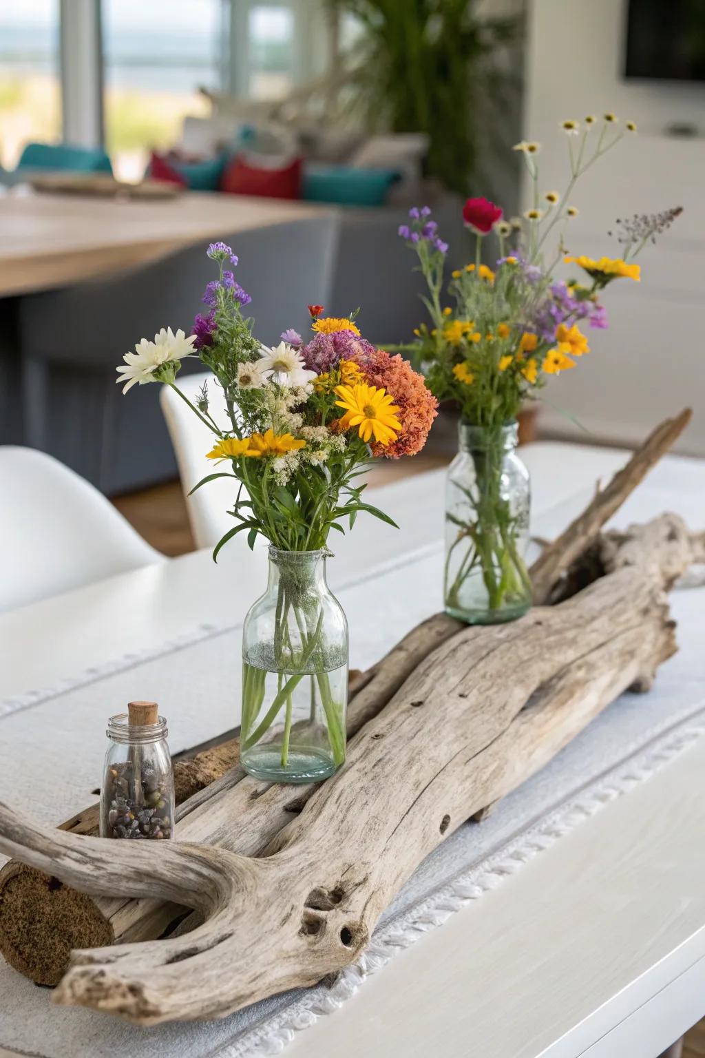 Driftwood and wildflowers come together to produce a centerpiece that is both natural and artistic.