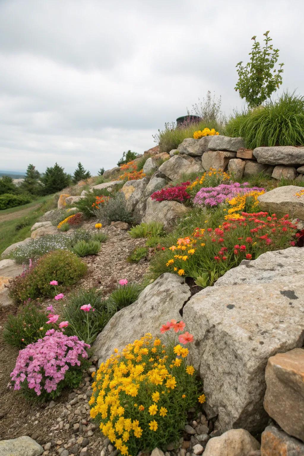 Seasonal blooms providing year-round beauty in this rock garden.