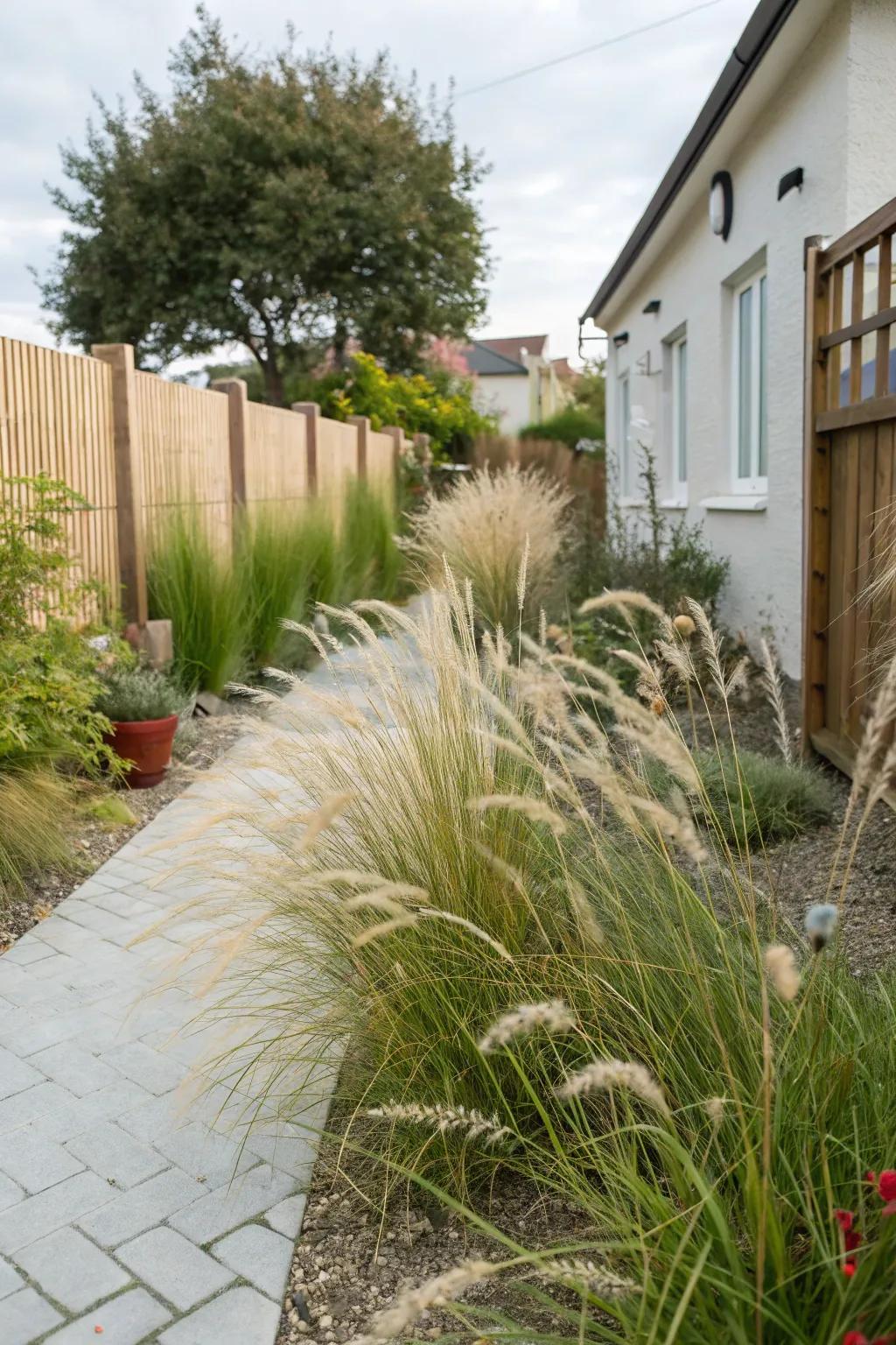 Swinging ornamental grasses introduce movement and sophistication into the garden.