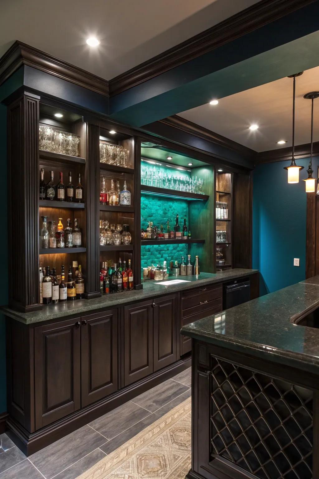 A dark, stunning style makes a cozy and close bar atmosphere.