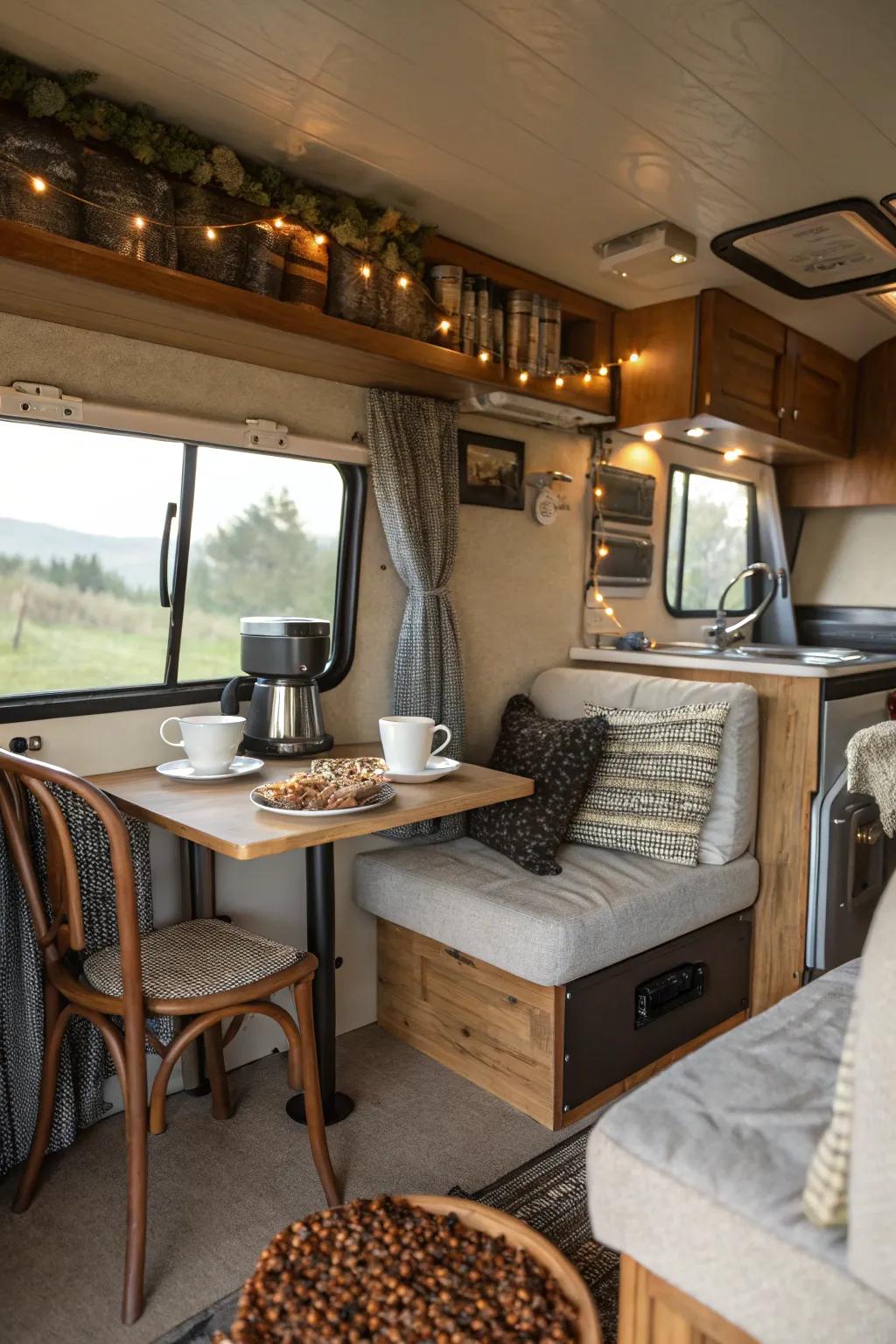 A dedicated coffee nook brings a touch of charm and convenience to your RV, enriching your morning routine.