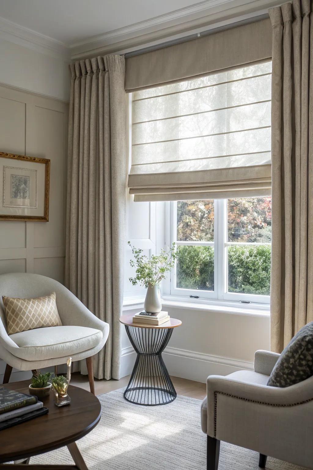 Roman screens offer a sleek, tailored appearance for small windows.