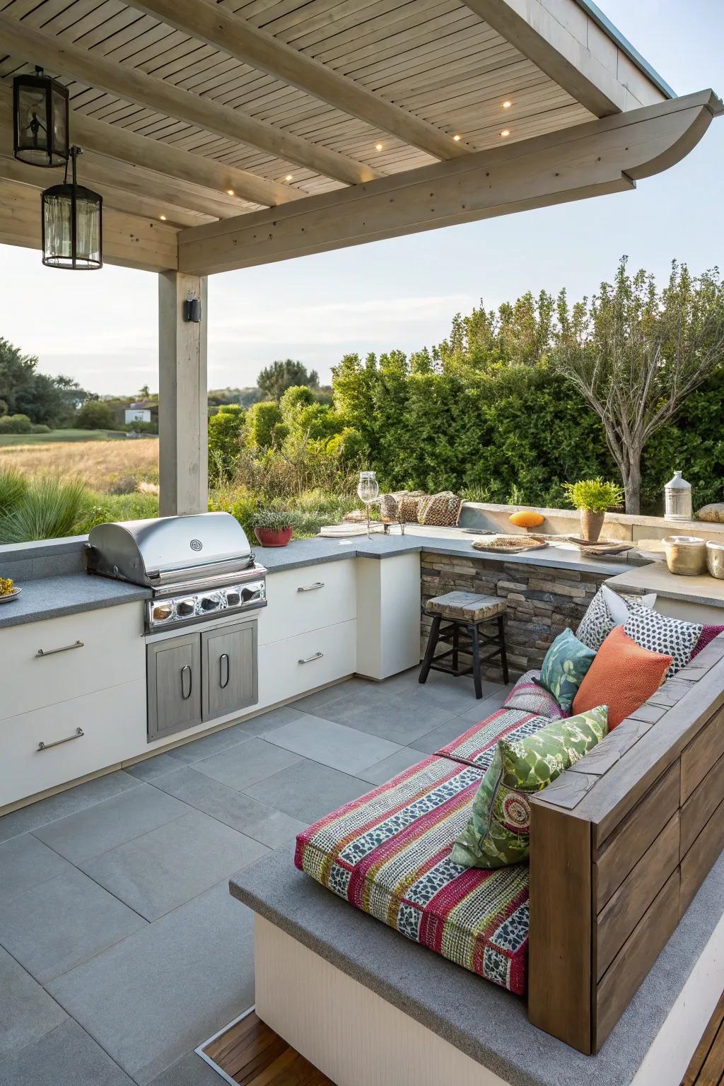 A cozy integrated seating nook provides a perfect spot for relaxation and conversation.