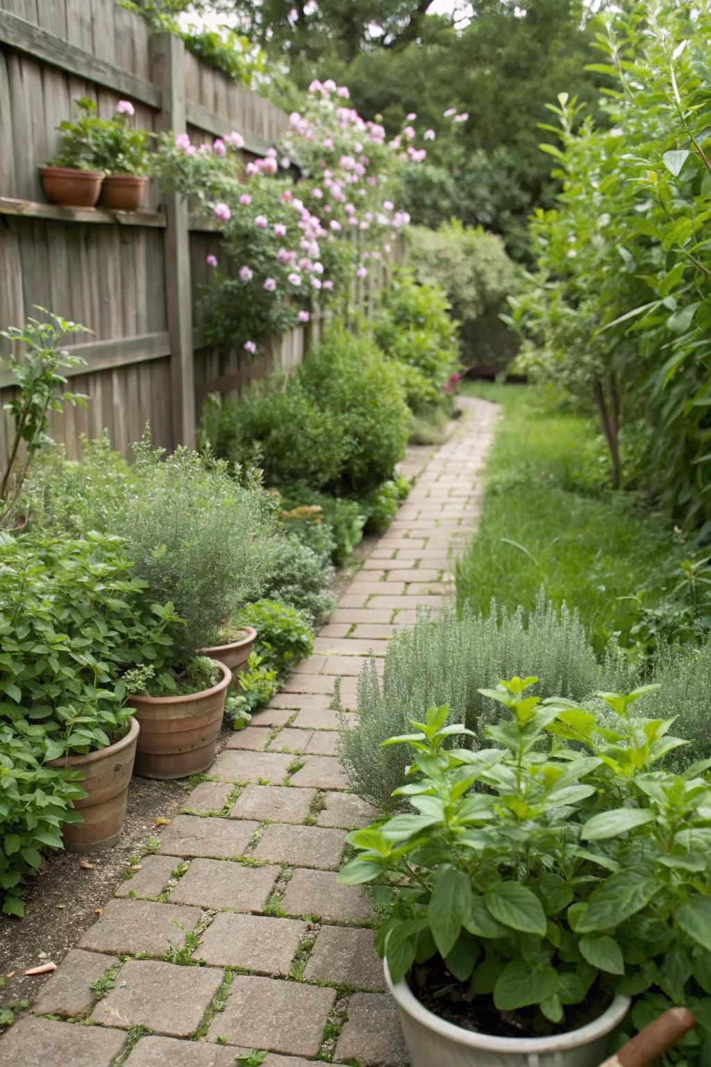 Fragrant herbs along pathways release delightful scents when walked upon.