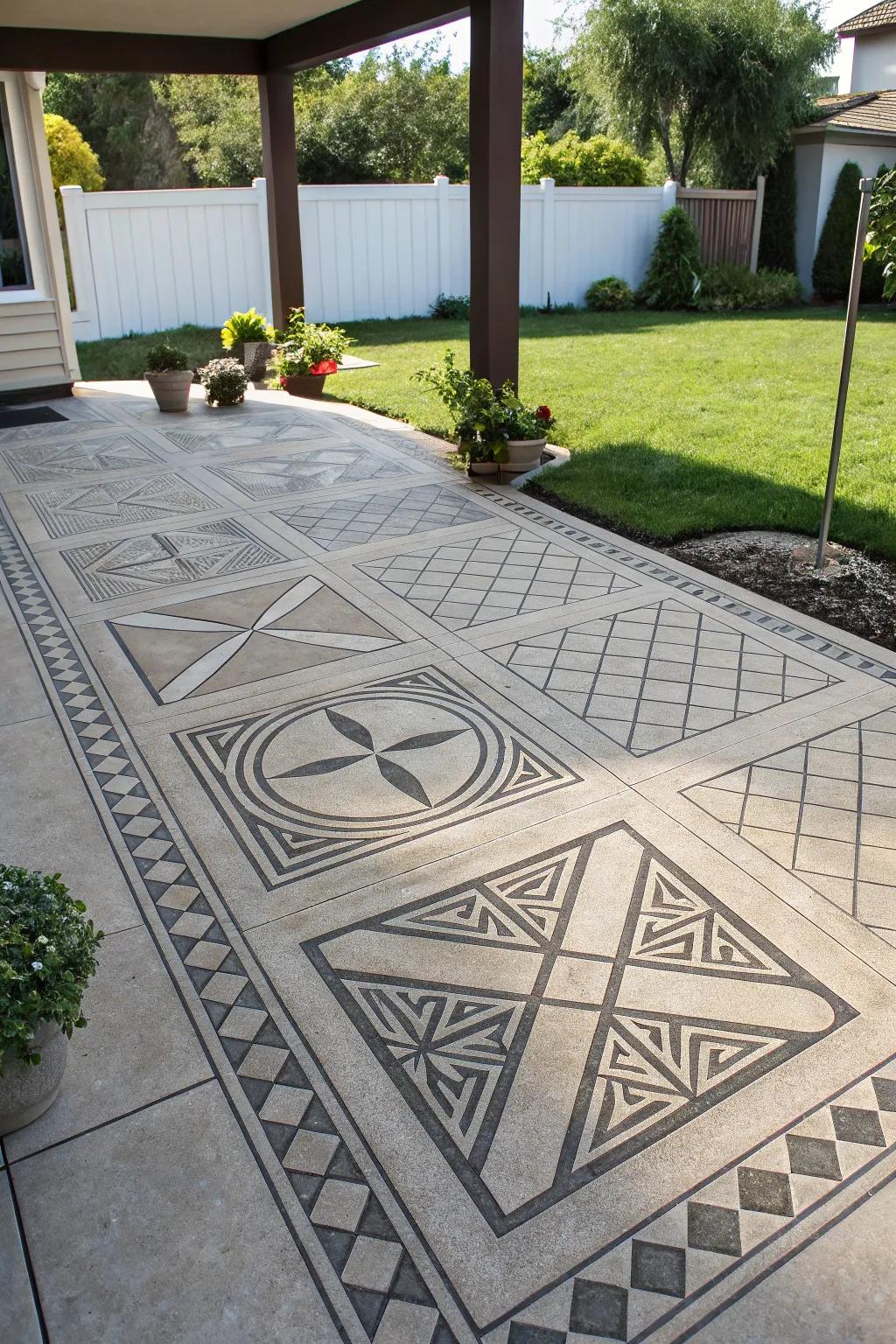 A stamped concrete patio with striking geometric patterns.